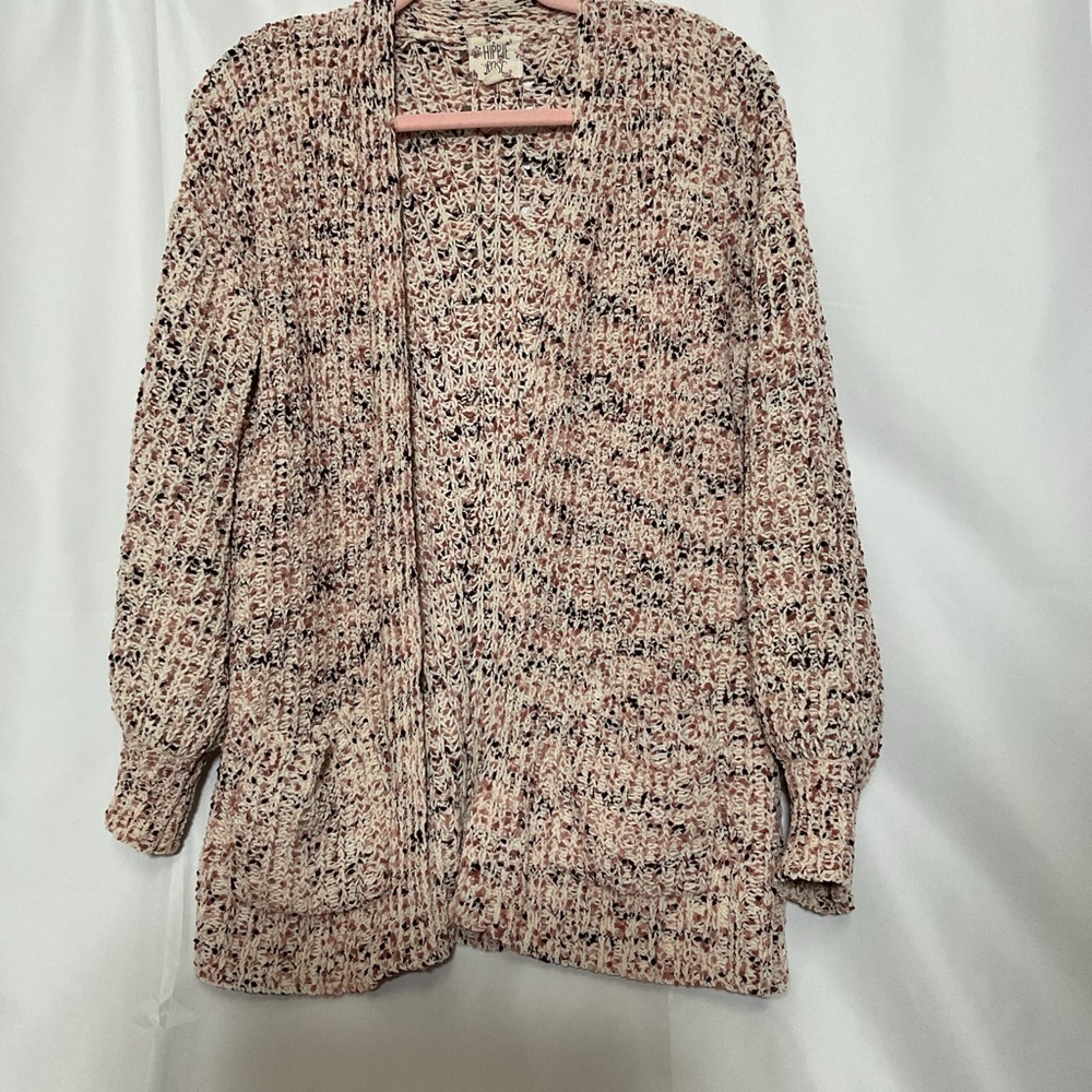 HIPPIE ROSE Cream Black, and Brown Knit Cardigan Sweater. SIZE 8